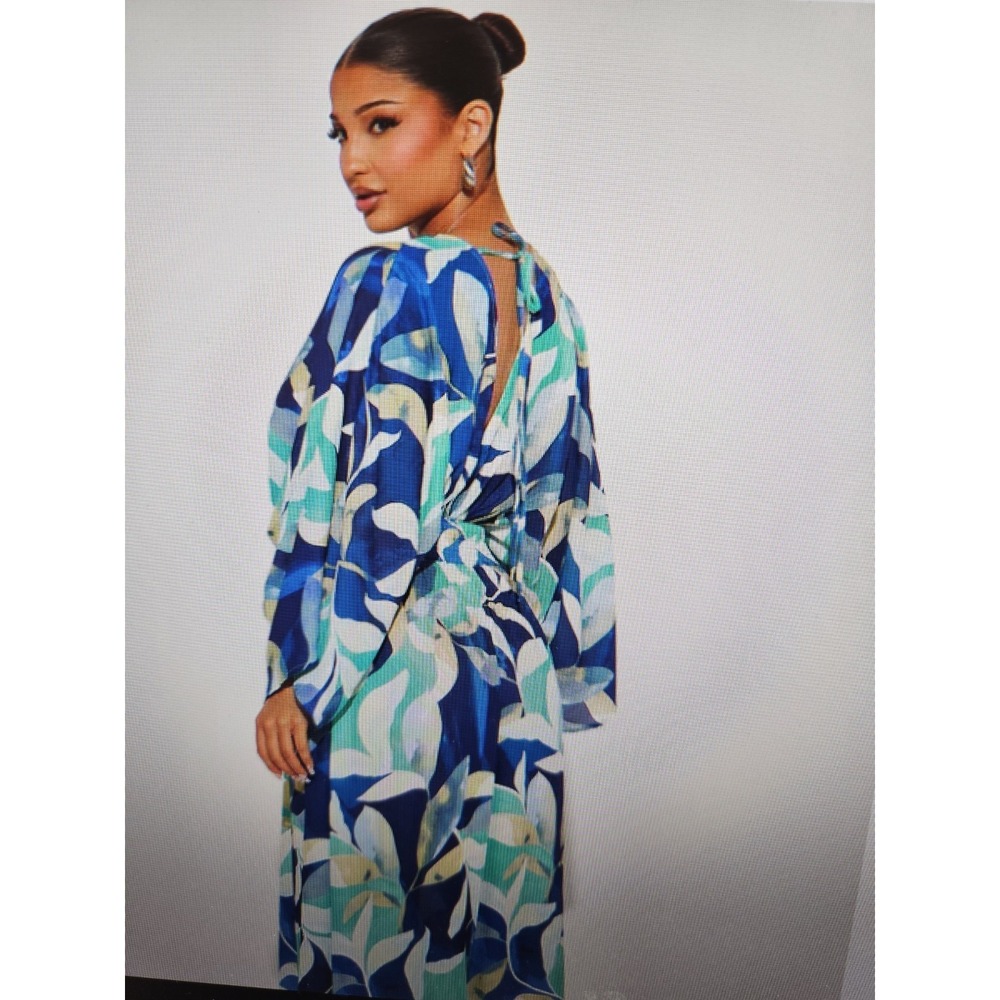 NWT Fashion Nova V-Neck Kimono Sleeves Smocked Waist Chiffon Maxi Dress, Plus 3X - Picture 3 of 12
